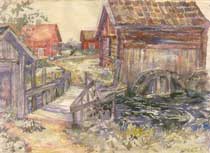 
					 The watermill at Övre Hammaren, ca 1930. Watercolor by Elin Axelsson.